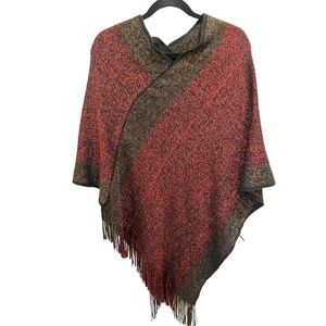 𝅺cherie Bliss Red and Black Fringe Knit Poncho One Size NWT